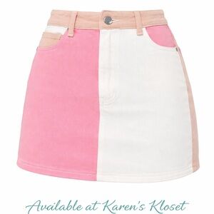 Two-Tone Pink & White Mini Skirt with Tan Accents
